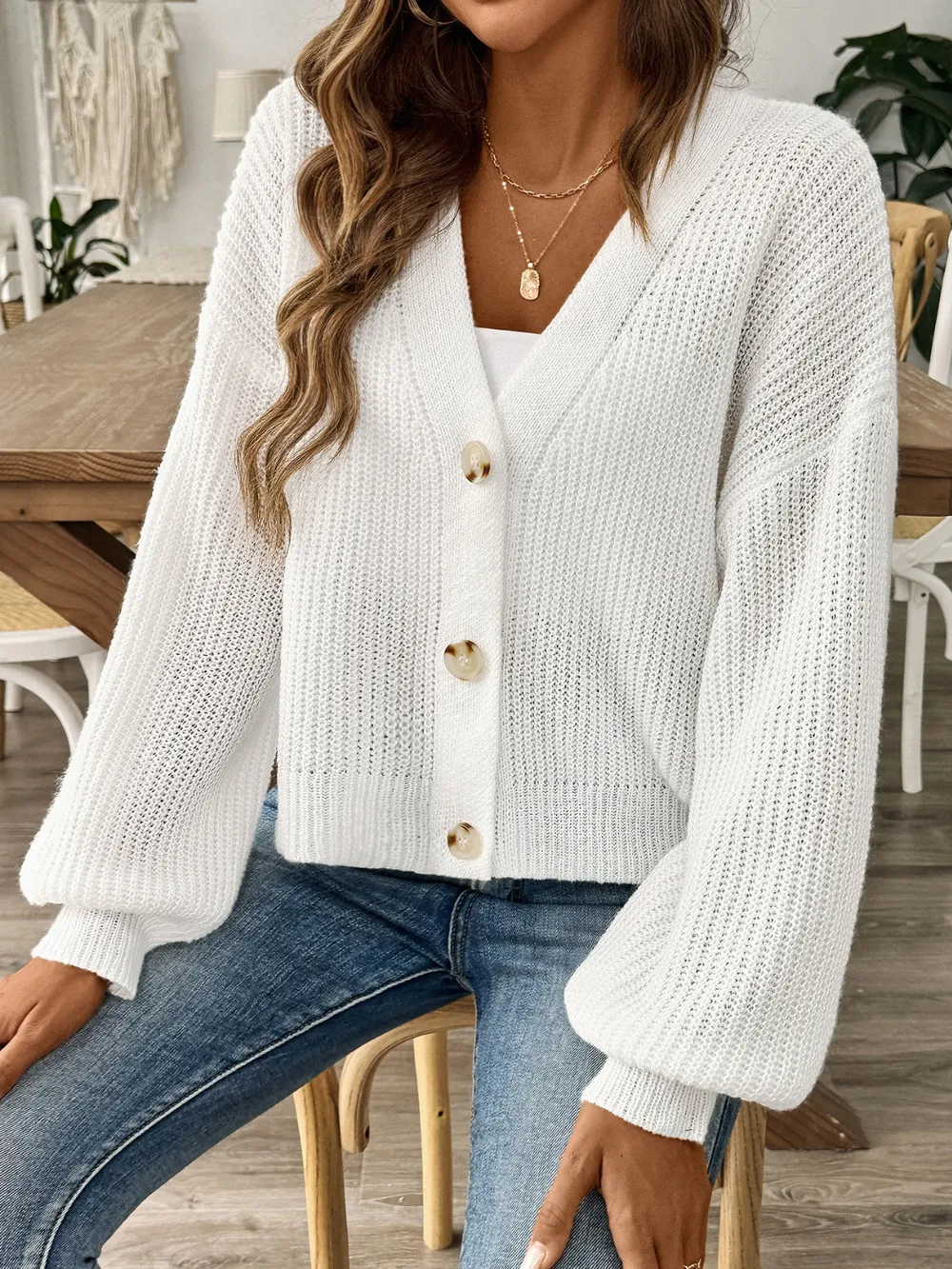 V-Neck Button Up Long Sleeve Cardigan, image 5