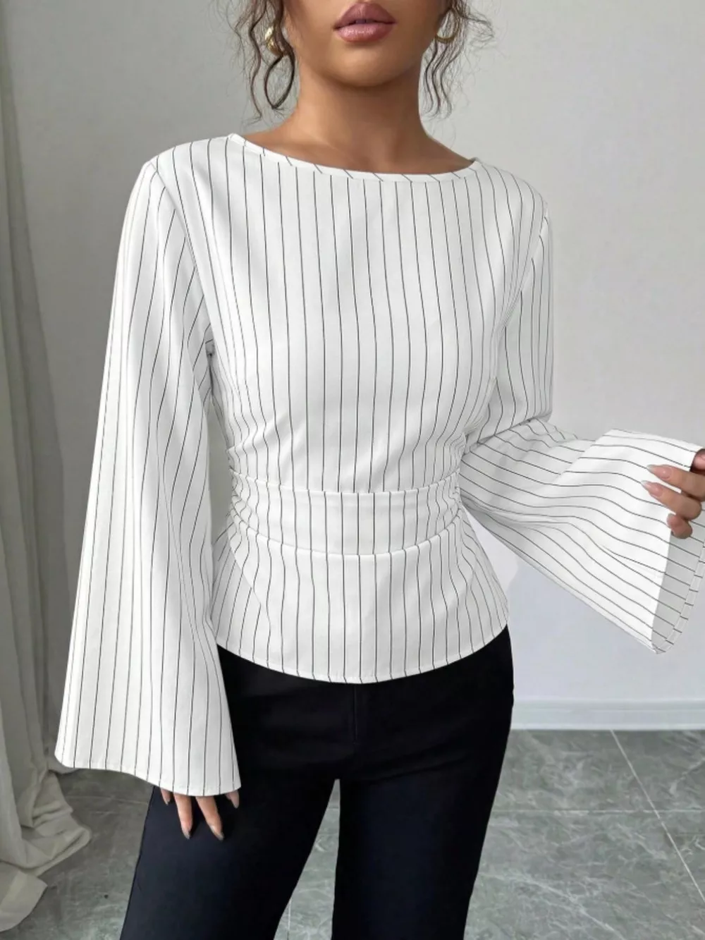 Elegant Pinstriped Bell Sleeve Blouse with Back Lace Up, image 7