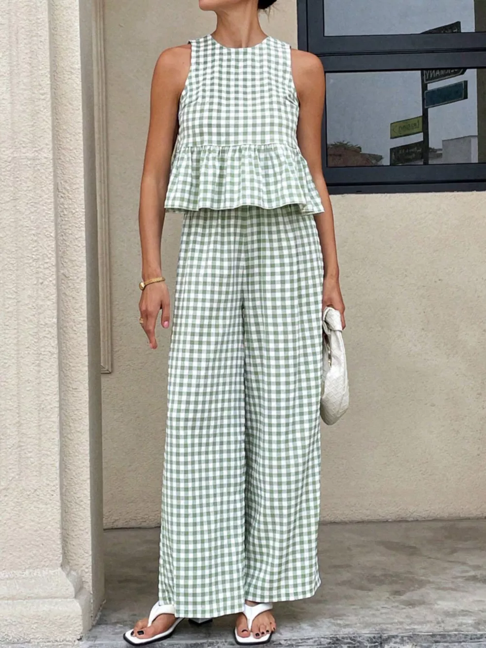 Gingham Sleeveless Top and Wide-Leg Pants Set, image 4