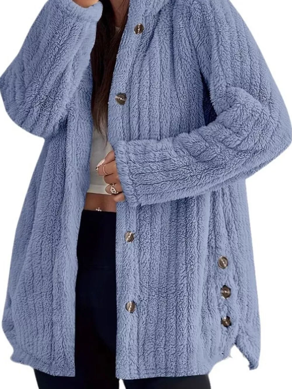 Full Size Fleece Button Up Hooded Outerwear Plus Size, image 7