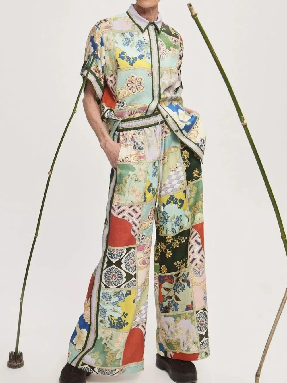 Printed Button Up Shirt and Pants Set, image 2