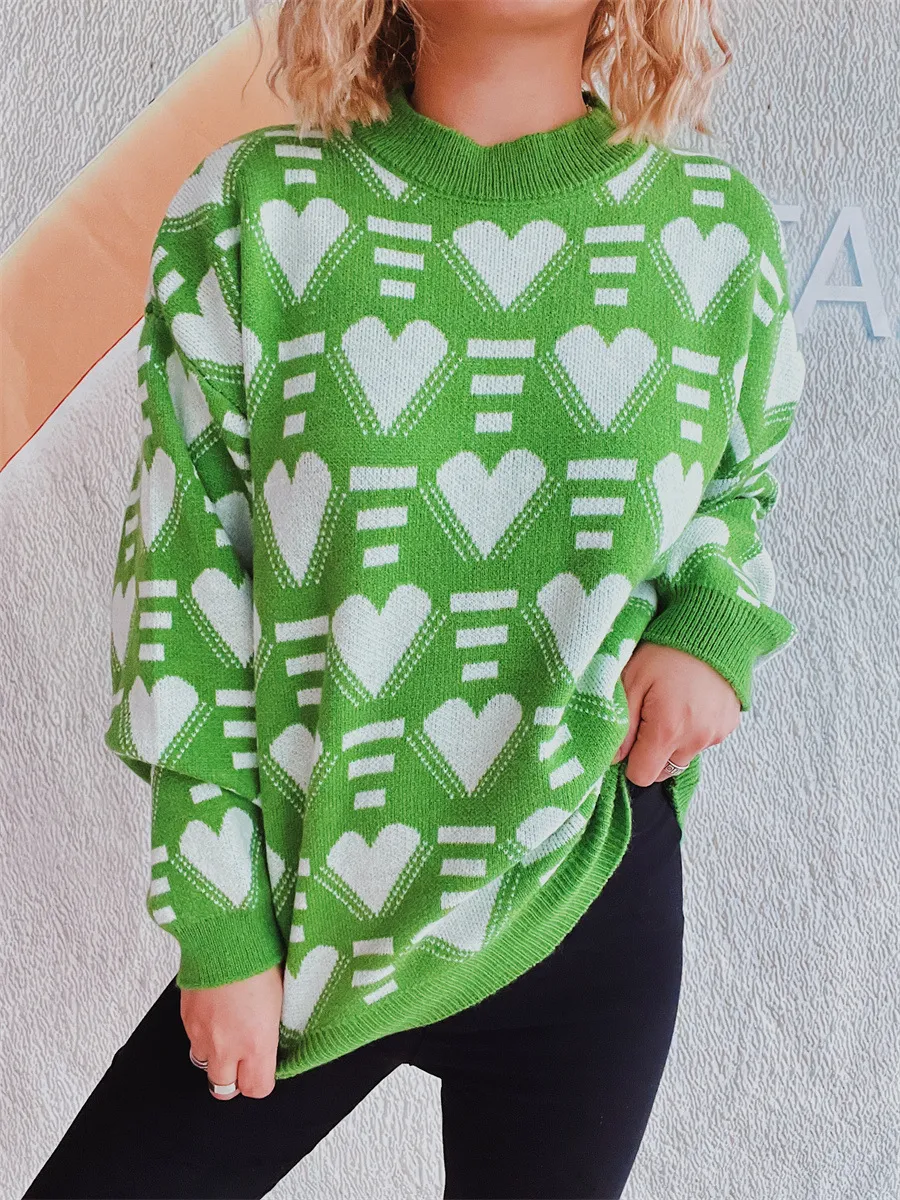 Heart Contrast Long Sleeve Dropped Shoulder Sweater, image 11