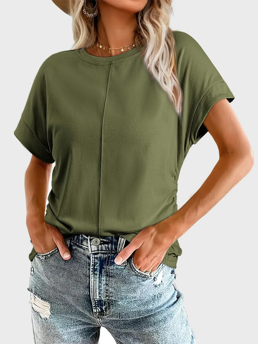Ruched Round Neck Short Sleeve T-Shirt, image 4