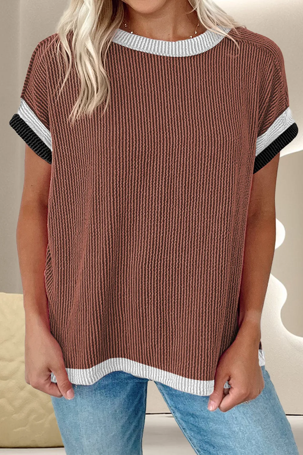 Color Block Round Neck Cap Sleeve T-Shirt, image 5