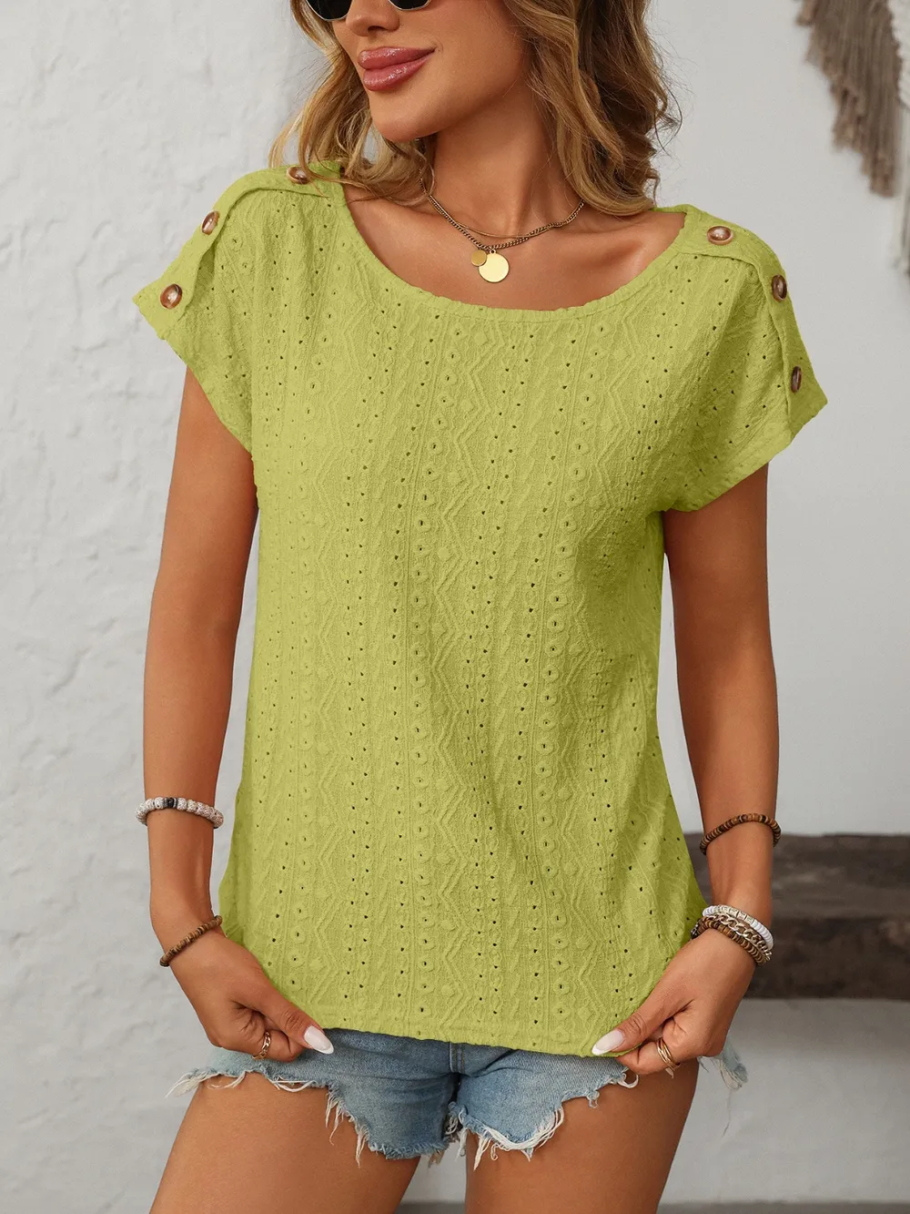 Eyelet Round Neck Short Sleeve Top, image 33