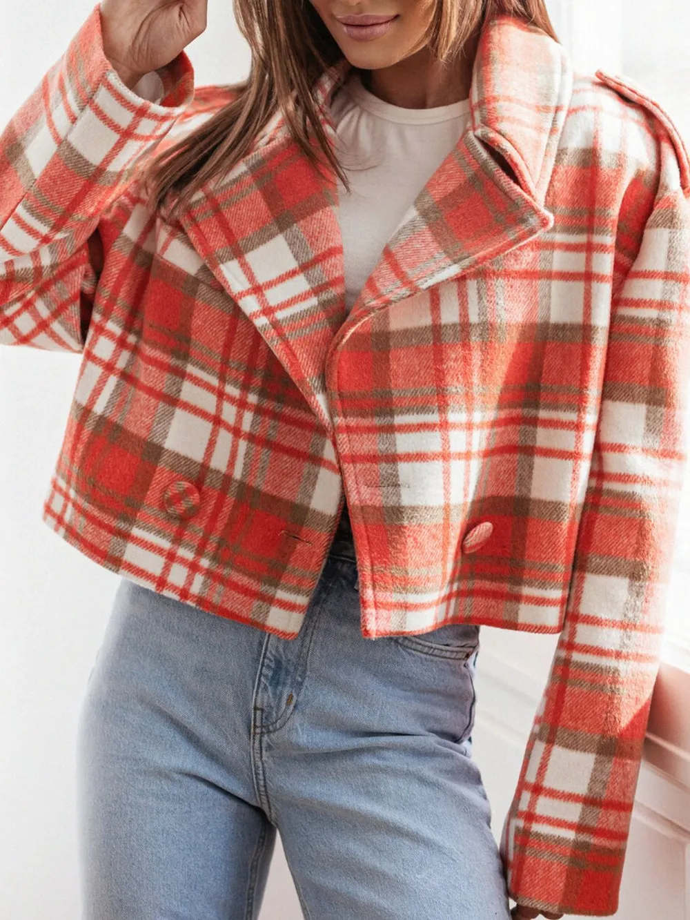 Lapel Collar Plaid Cropped Jacket, image 8