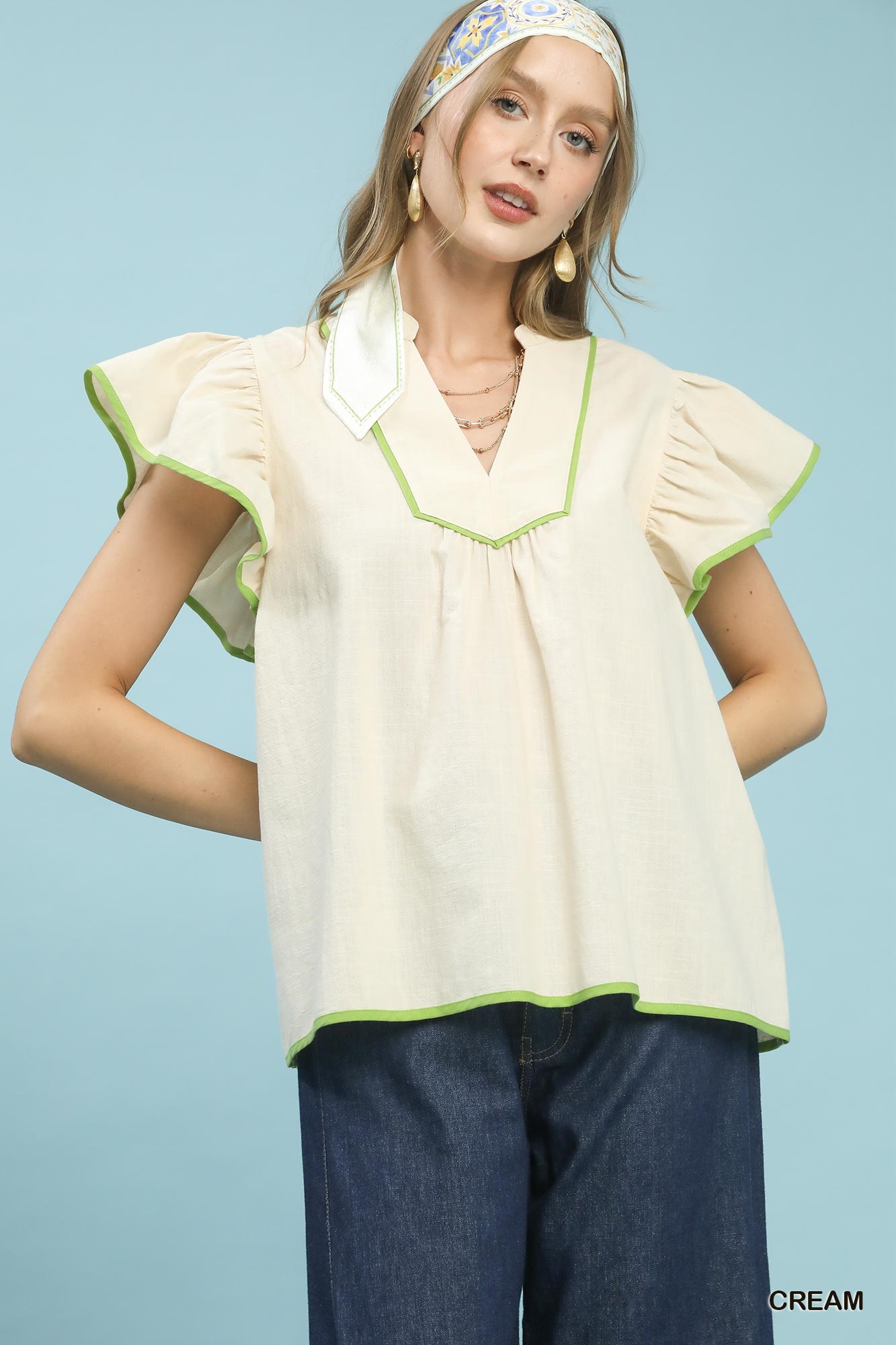 Contrast Trim Babydoll Blouse