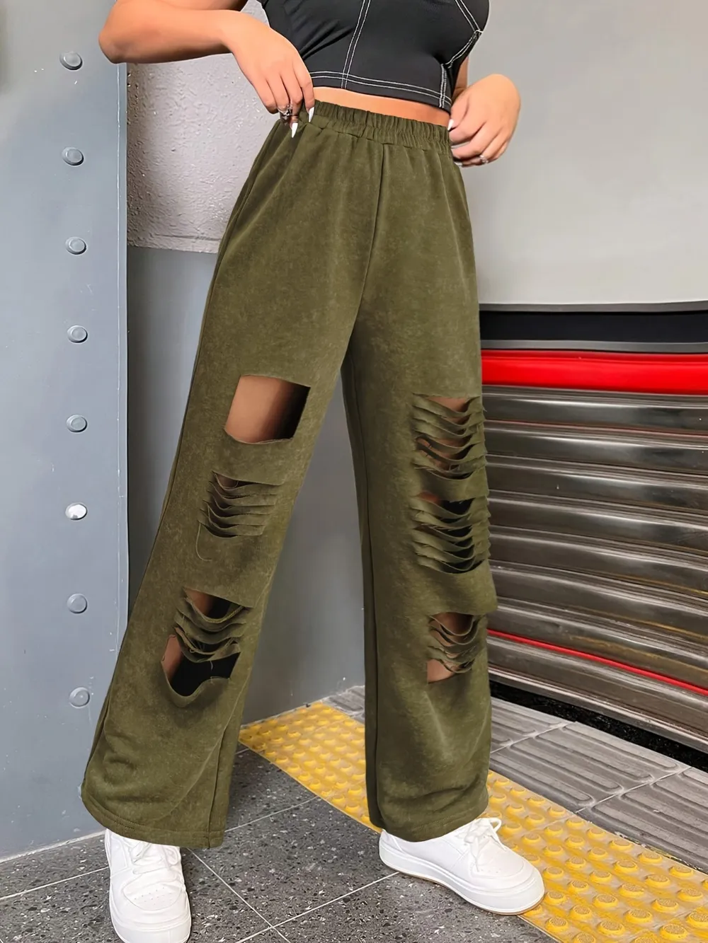 Distressed Elastic Waist Straight Leg Pants, image 2