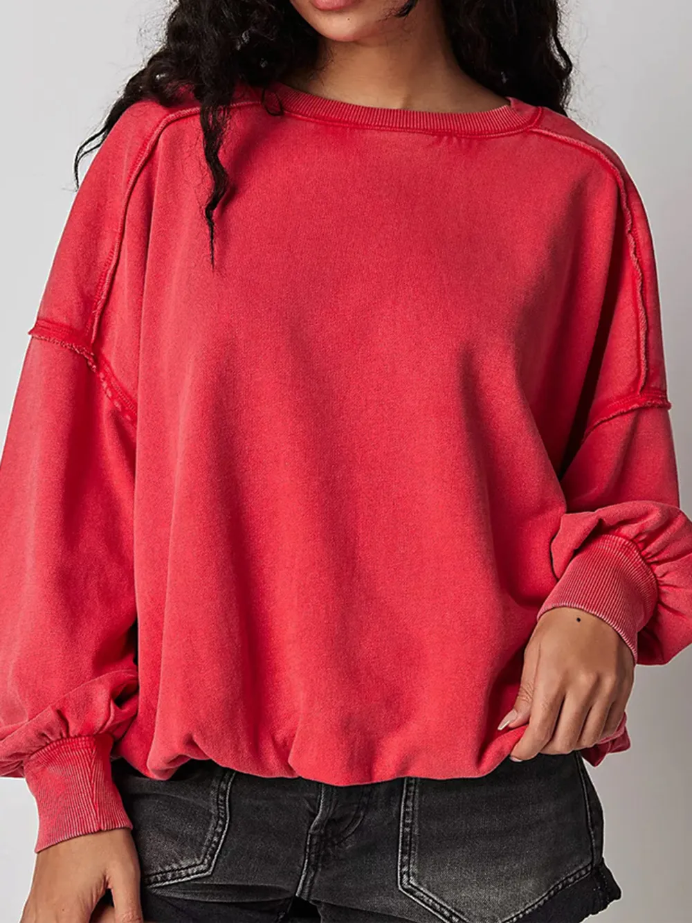 Exposed Seam Round Neck Long Sleeve Sweatshirt, image 2