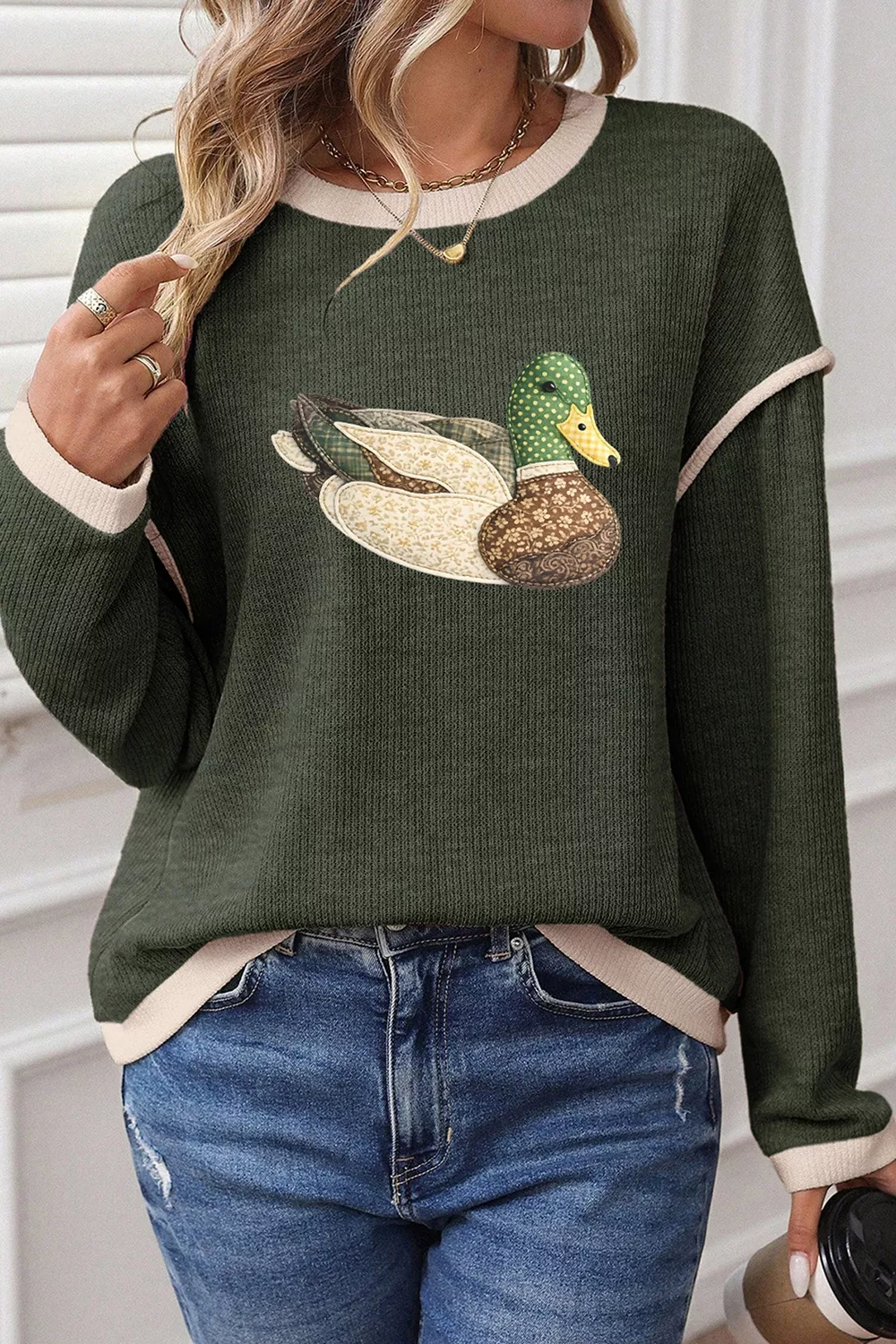 Duck Graphic Contrast Trim Patchwork Casual Knit Top, image 3