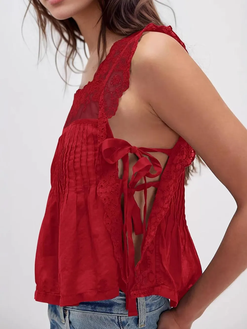 Lace-Trimmed Eyelet Square Neck Top, image 9