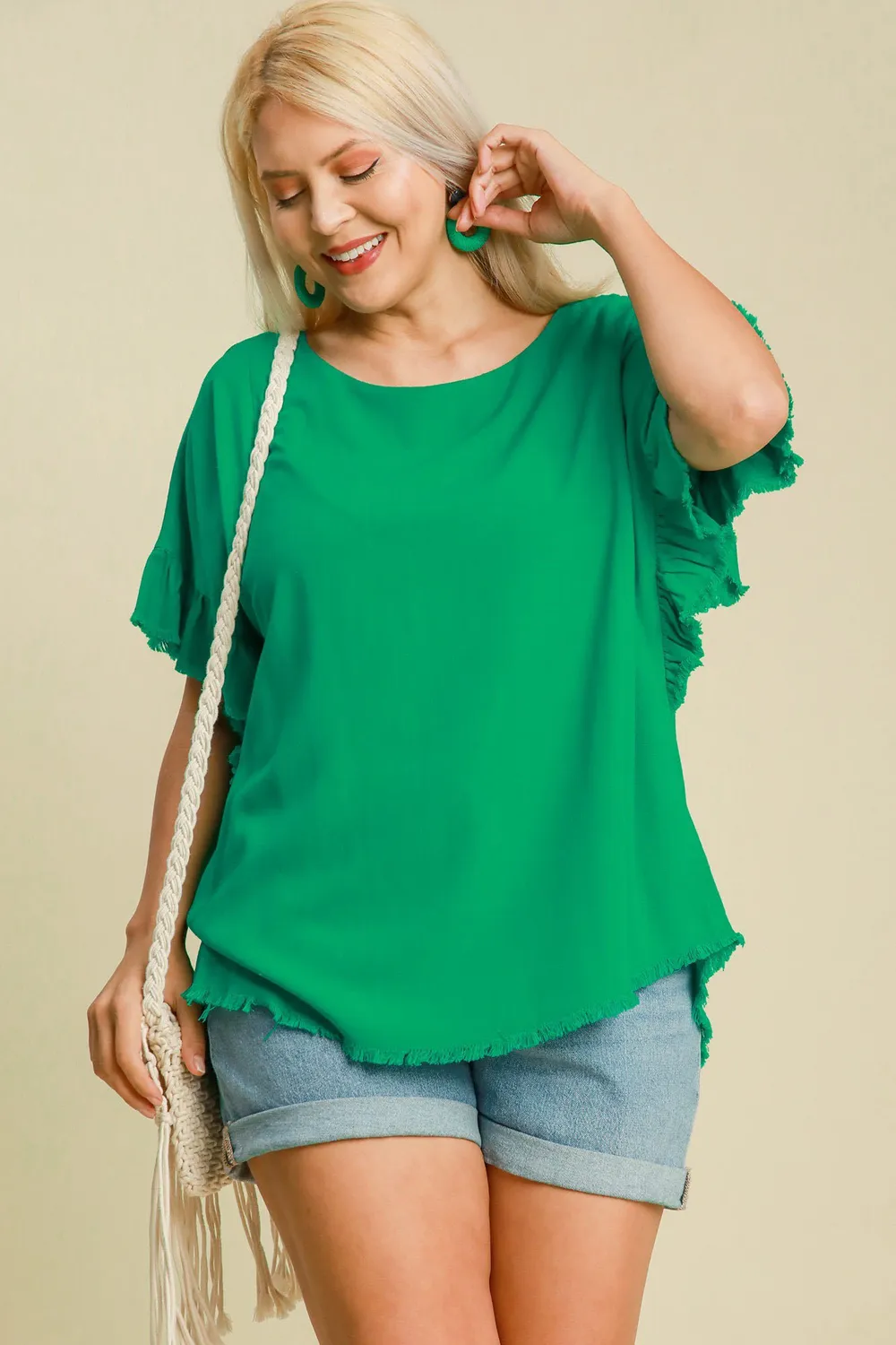 Full Size Raw Hem Ruffle Short Sleeve Blouse Plus Size, image 4