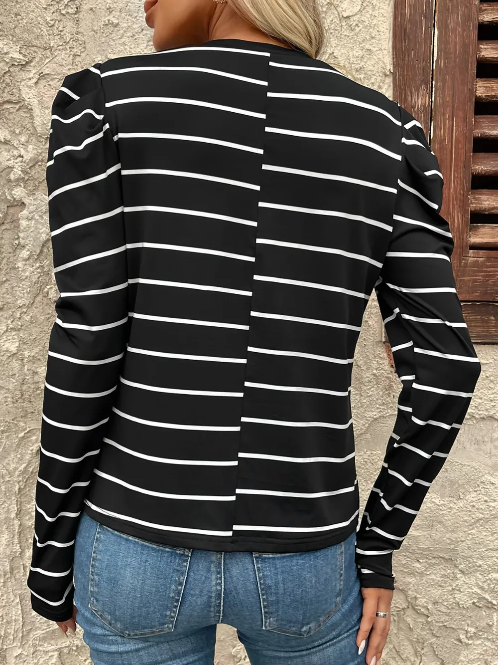 Full Size Striped Round Neck Puff Sleeve T-Shirt, image 4