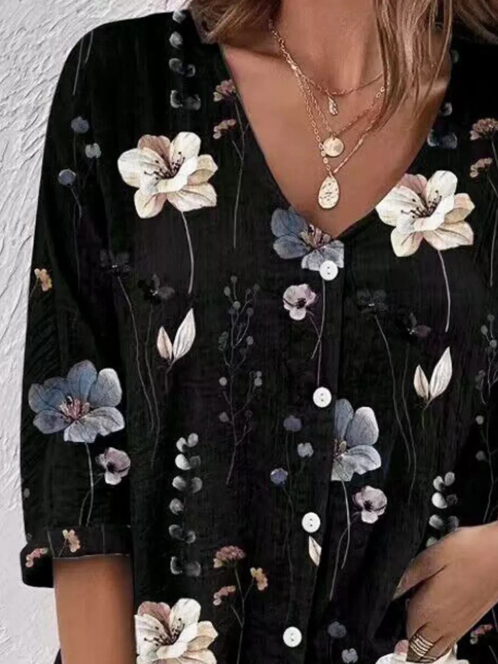 Floral Print V-Neck Button-Down Shirt, image 12