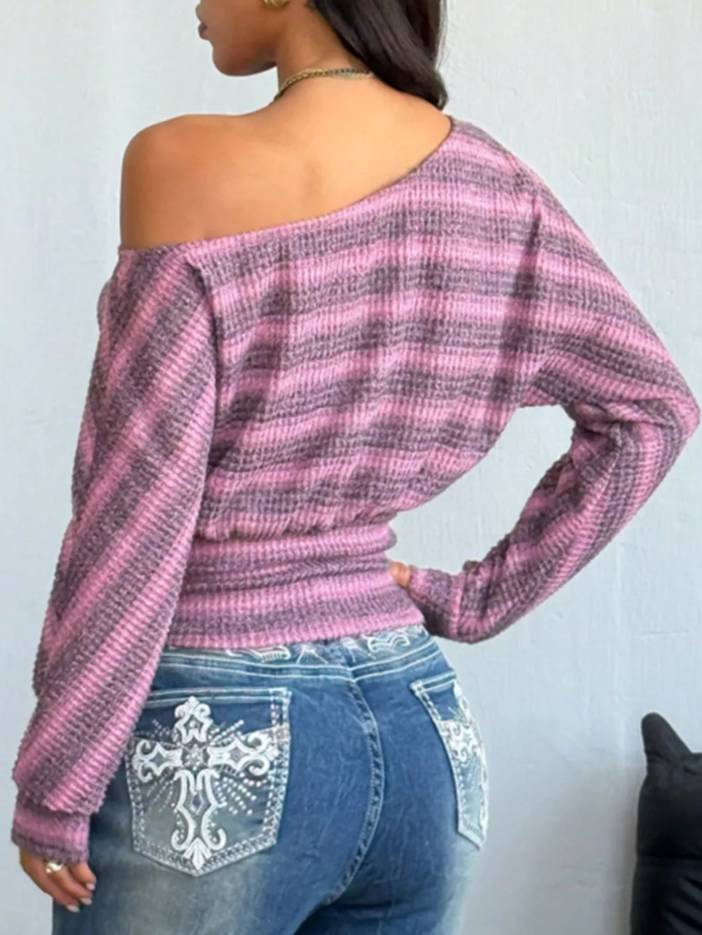 Off-Shoulder Striped Cropped Knit Top, image 8
