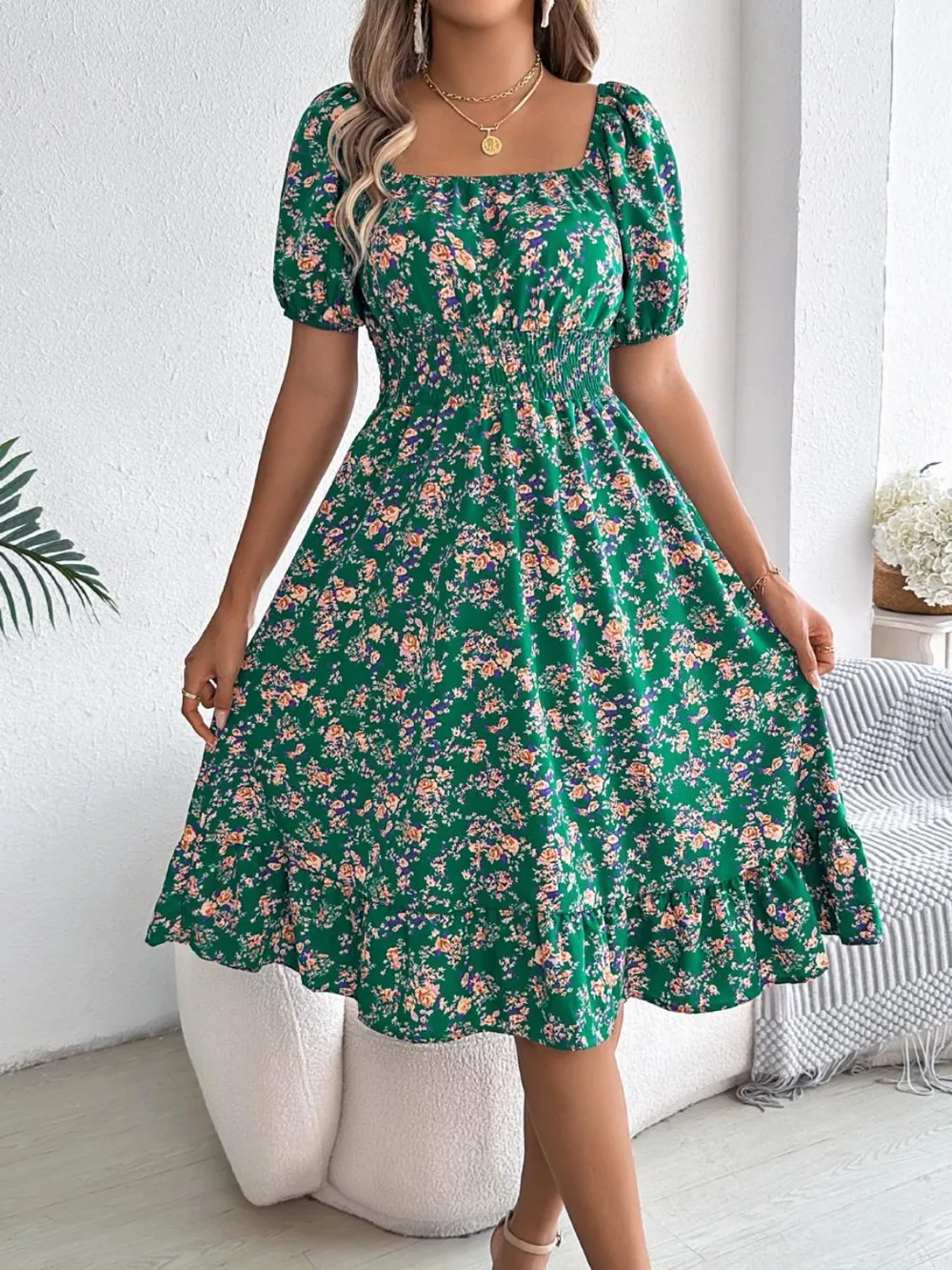 Ruffled Hem Floral Puff Sleeve Dress, image 9