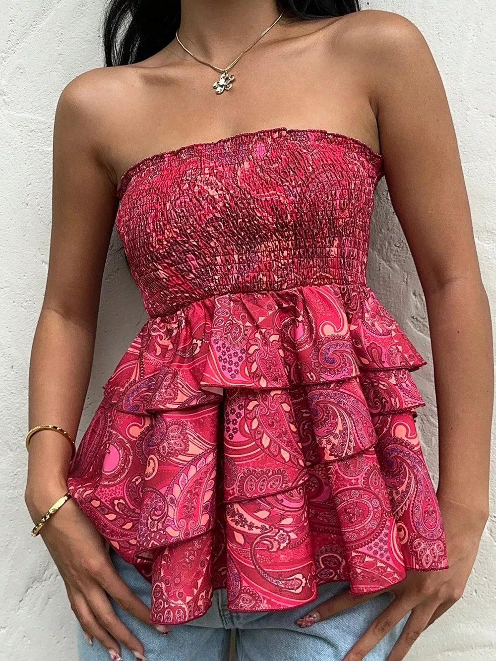 Smocked Layered Paisley Print Tube Top, image 2