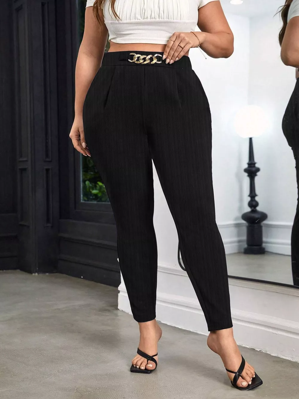 Plus Size Elegant Chain Decor High Waist Skinny Pants, image 3