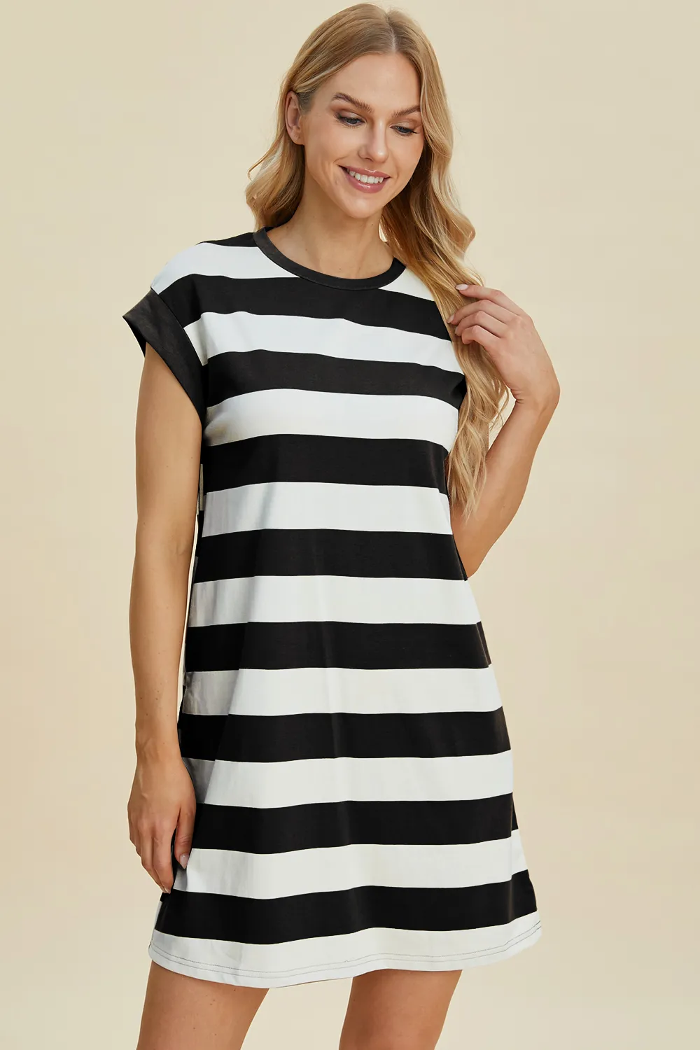 Full Size Striped Round Neck Cap Sleeve Mini Dress, image 6