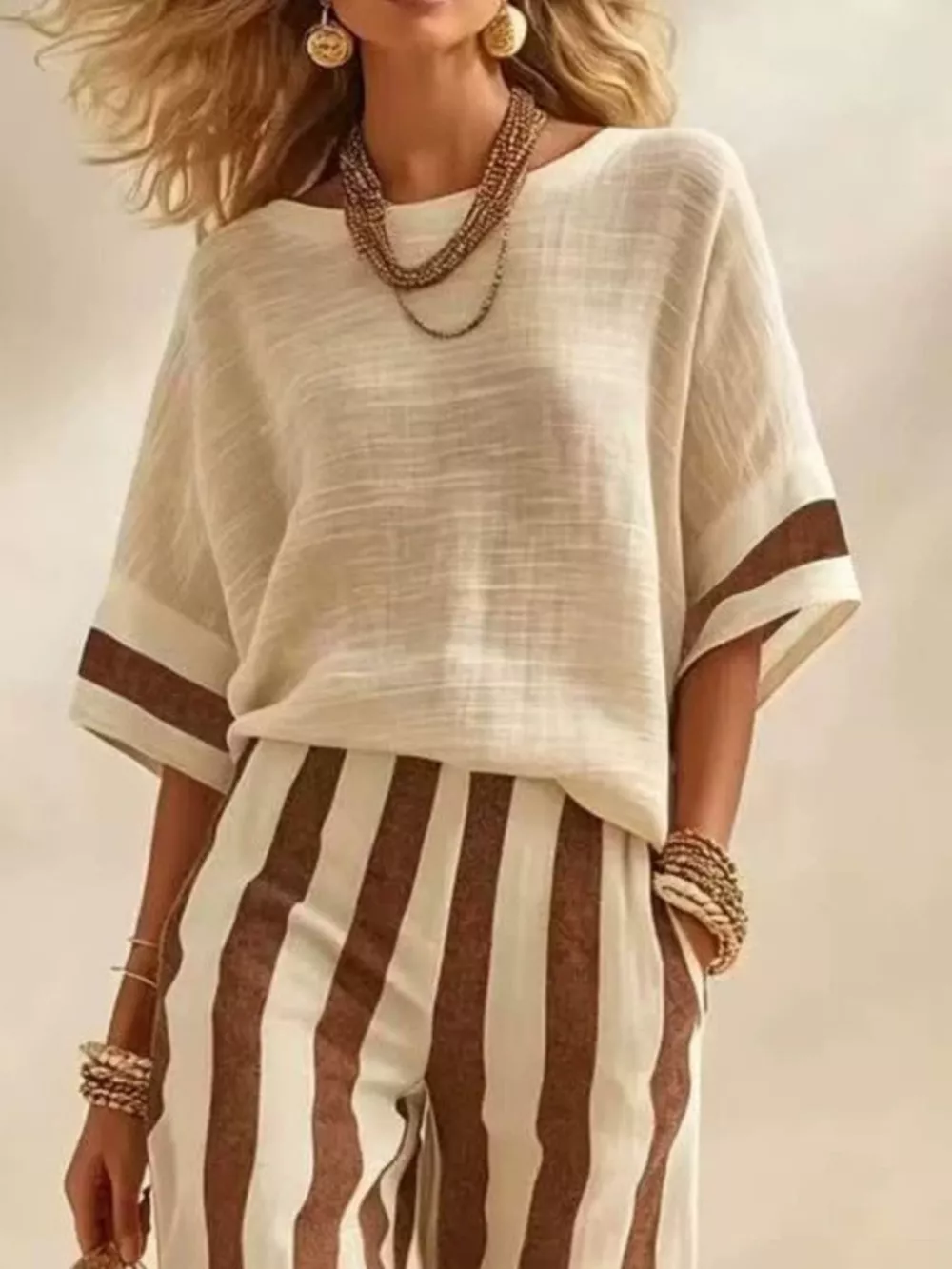 Full Size Striped Half Sleeve Top and Pants Set Plus Size, image 8