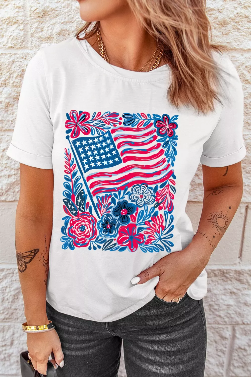Floral Flag Aesthetics Patriotic Graphic T Shirt, image 4