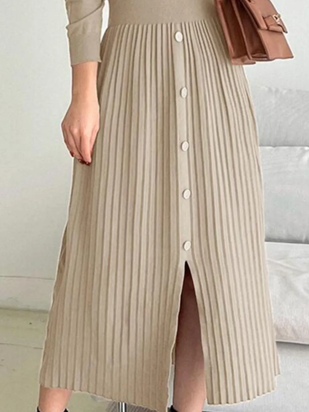 Slit Front Mock Neck Long Sleeve Knit Dress, image 9