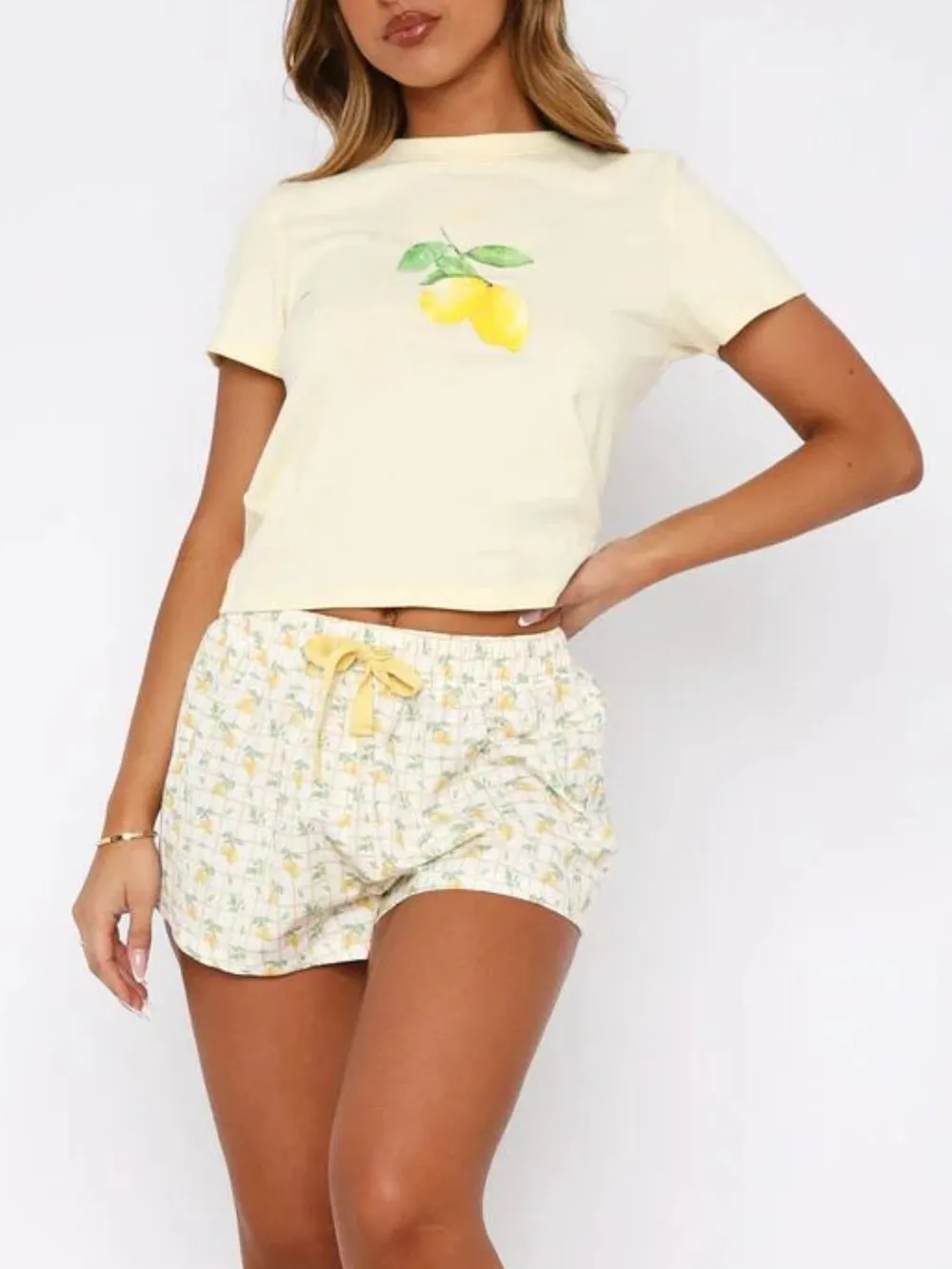 Printed Round Neck Short Sleeve Top and Drawstring Shorts Set, image 14