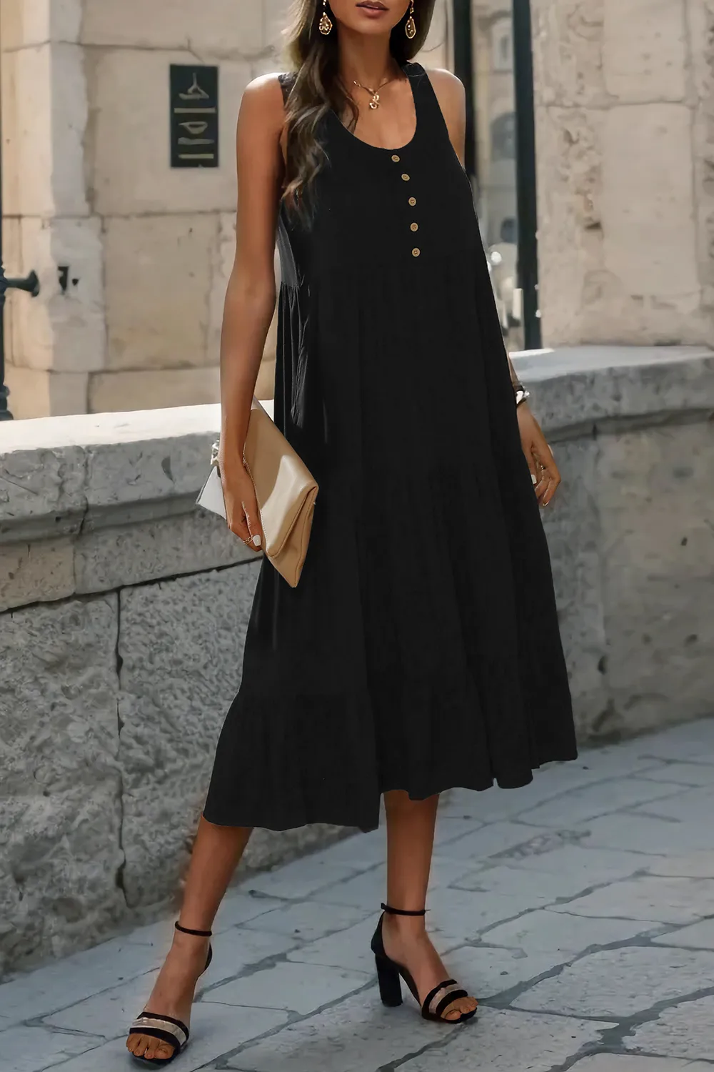 Decorative Button Tiered Tank Dress, image 2