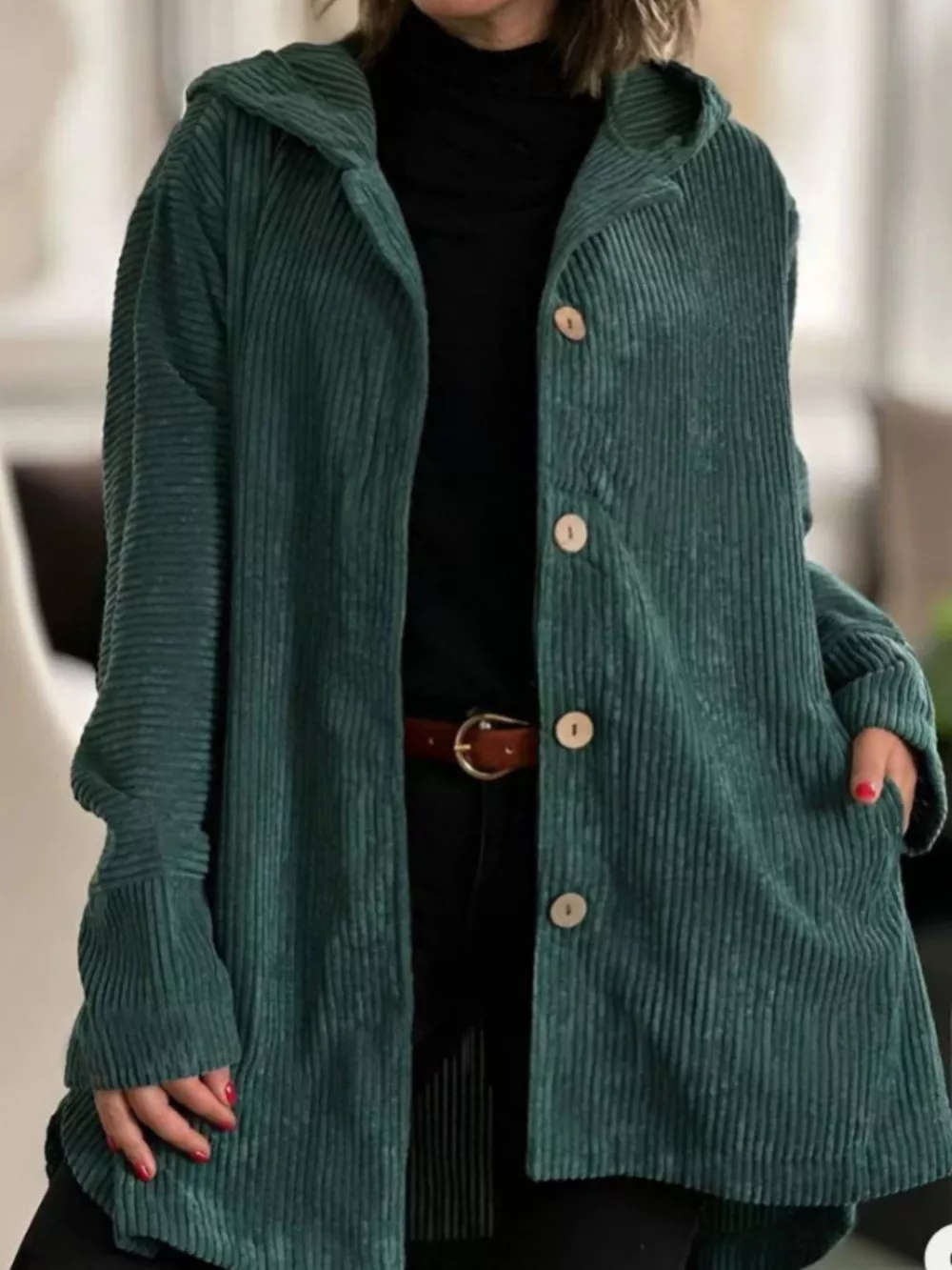 Full Size Corduroy Button Up Hooded Jacket Plus Size, image 2