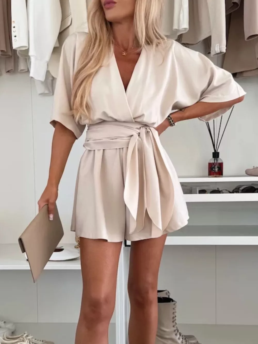 Full Size Surplice Tie Waist Romper Plus Size, image 3