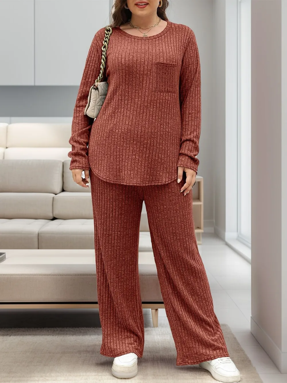 Round Neck Long Sleeve Top and Pants Set, image 7