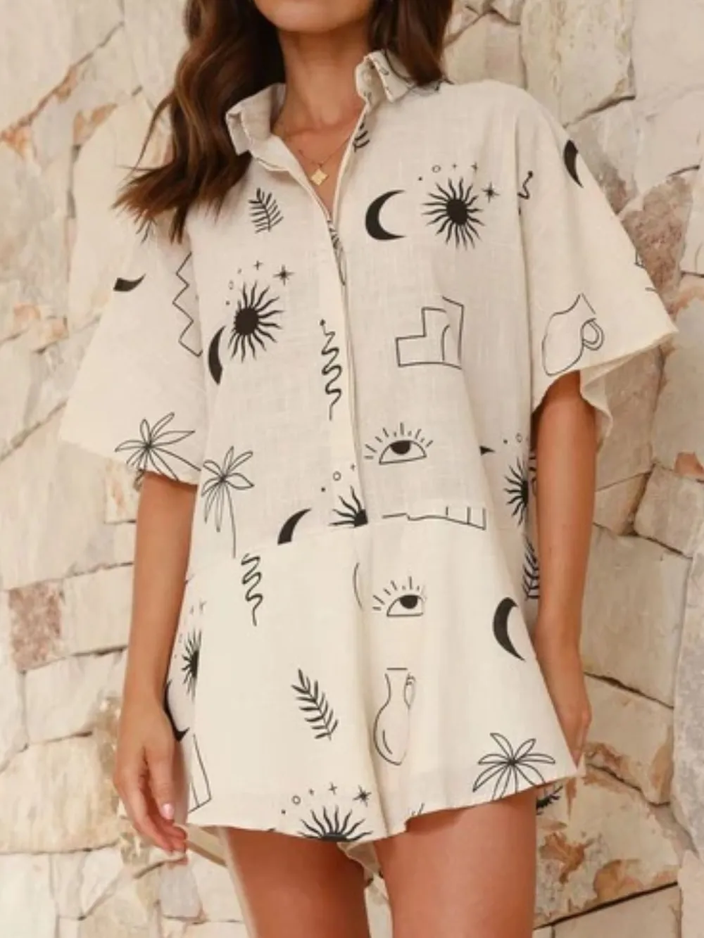 Printed Collared Neck Half Sleeve Romper, image 5