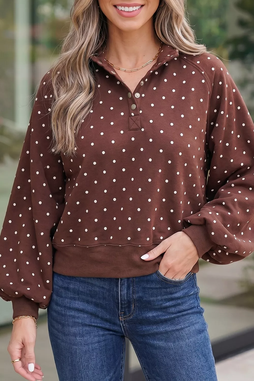 Polka Dot Print Metal Button Collar Casual Pullover Sweatshirt, image 6
