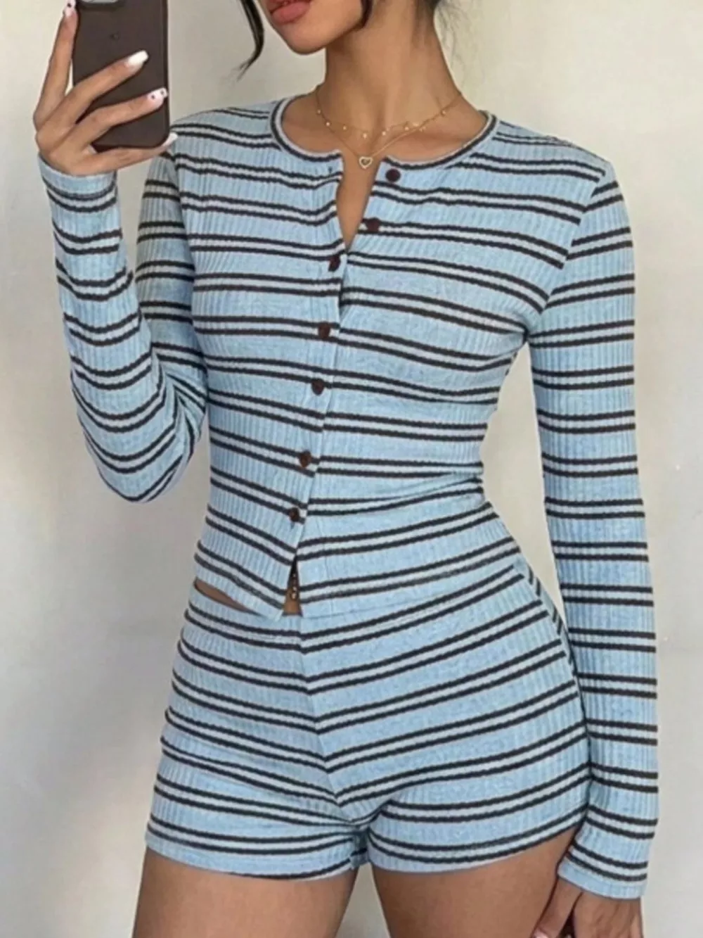 Striped Button-Down Cardigan and Shorts Set, image 6