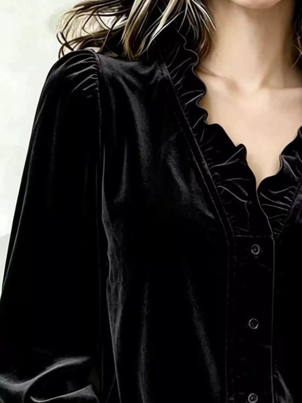 V-Neck Ruffled Velvet Button Down Blouse, image 4