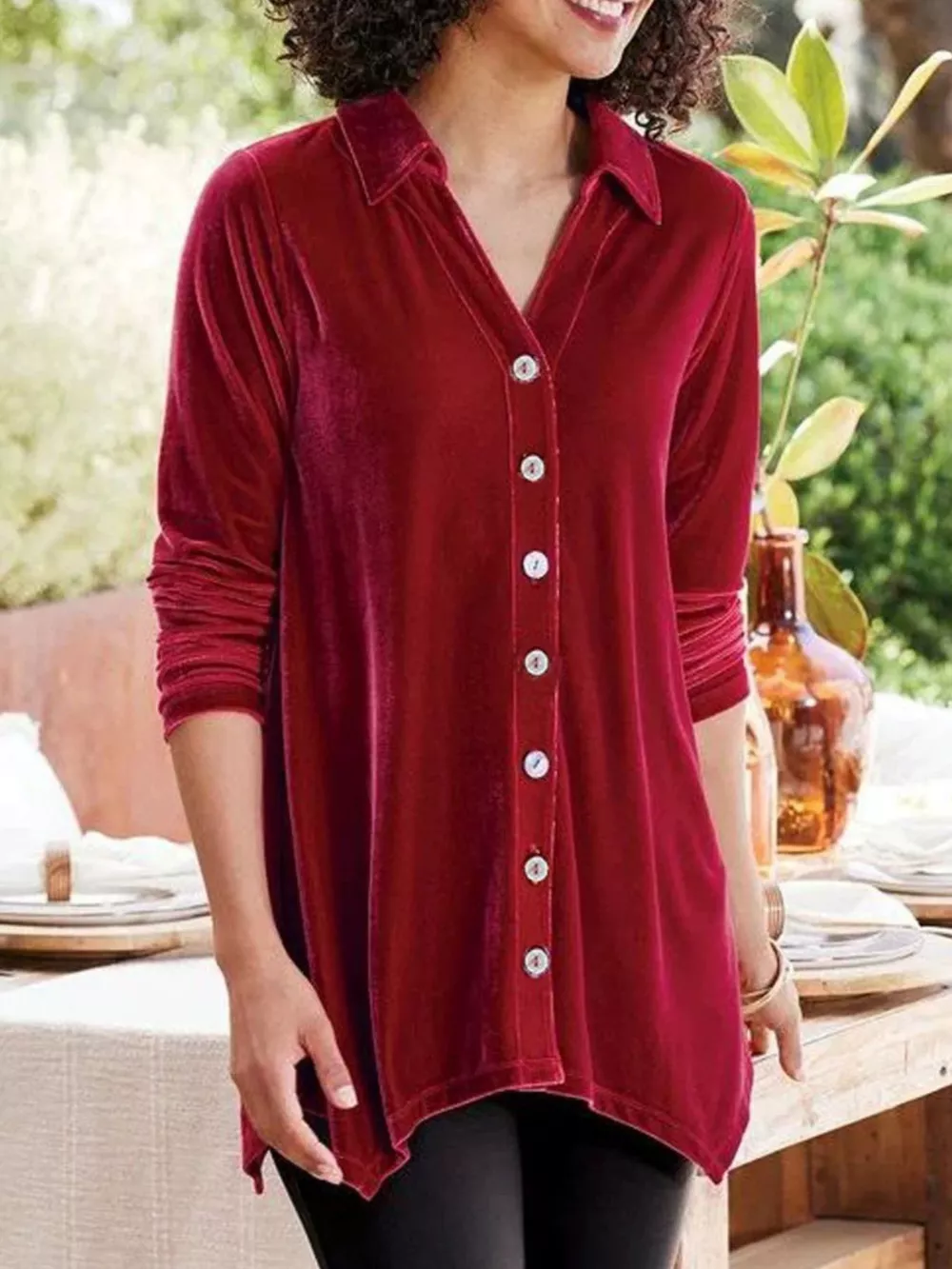 Velvet Button-Down Long Sleeve Shirt with Asymmetrical Hemline, image 7