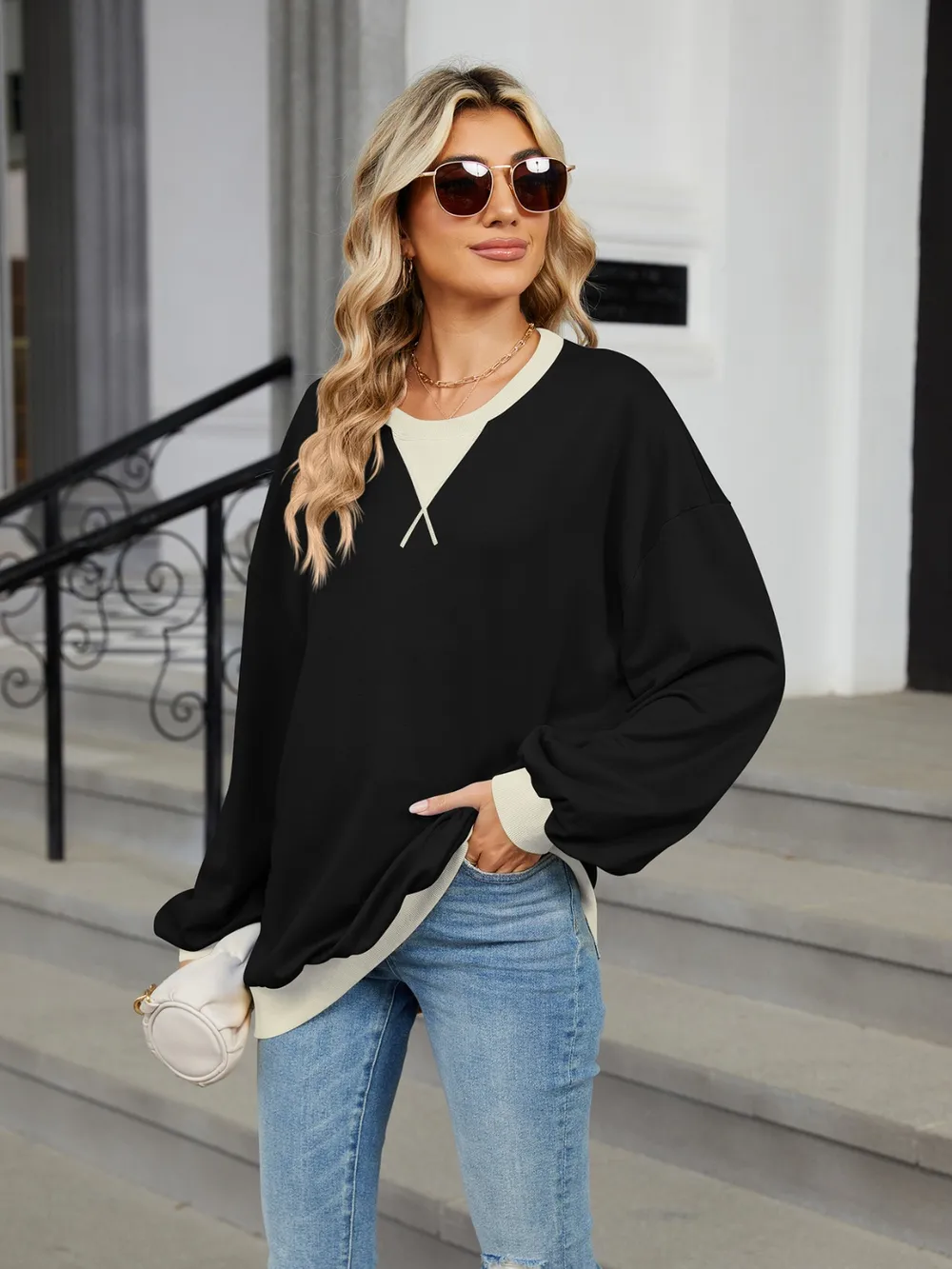 Contrast Round Neck Long Sleeve Sweatshirt, image 15