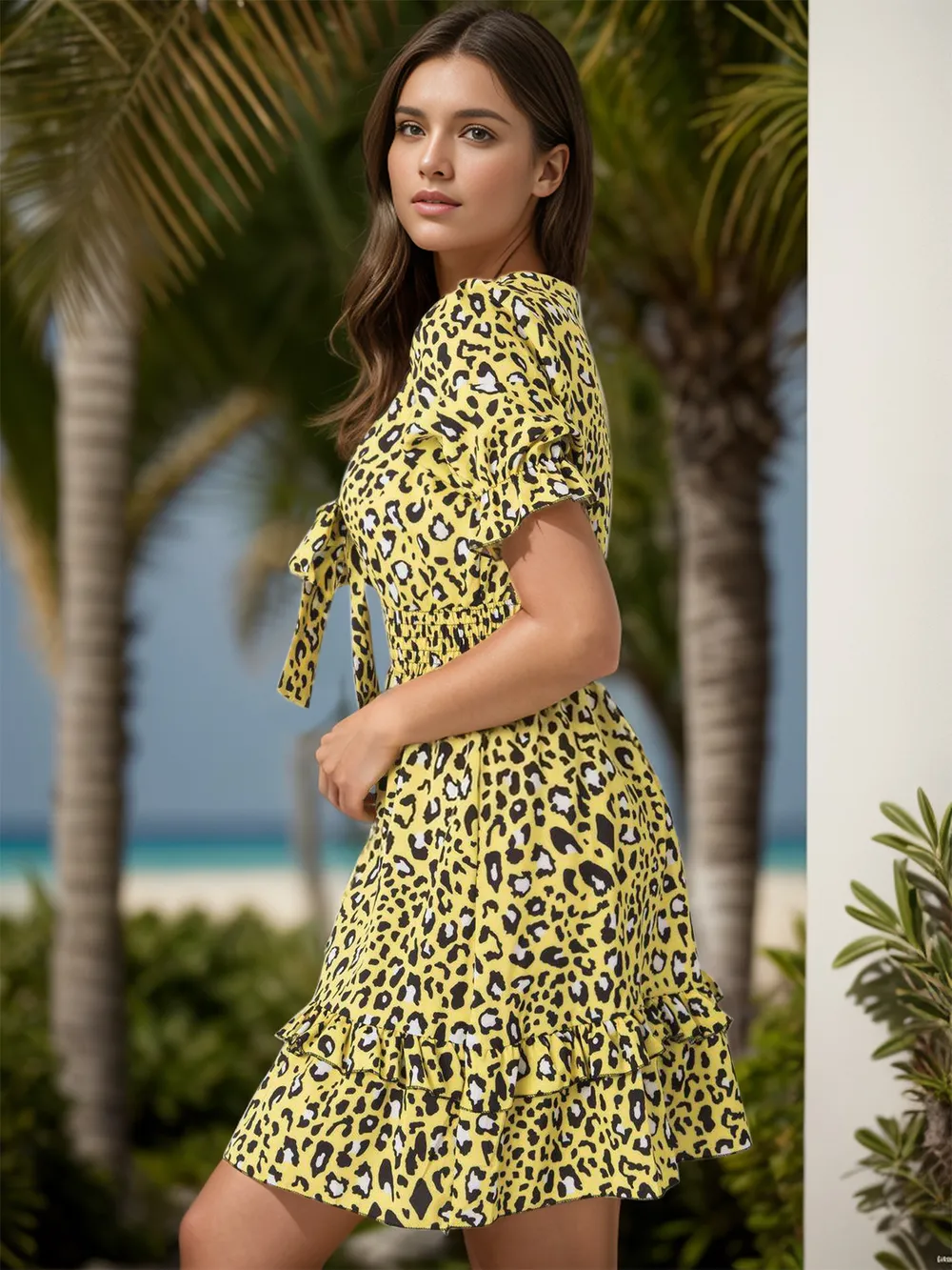 Leopard V-Neck Flounce Sleeve Mini Dress, image 6