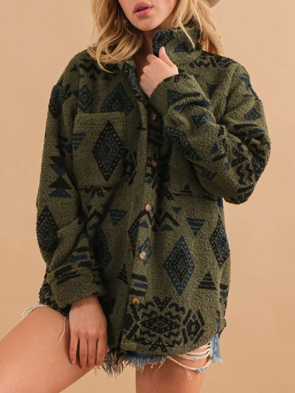 Geometric Button Up Long Sleeve Sherpa Jacket, image 10