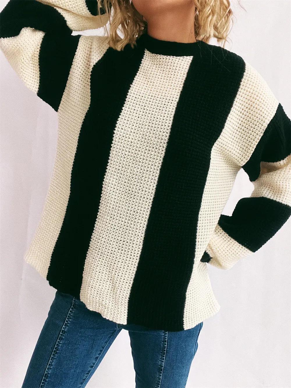 Color Block Round Neck Long Sleeve Sweater, image 3