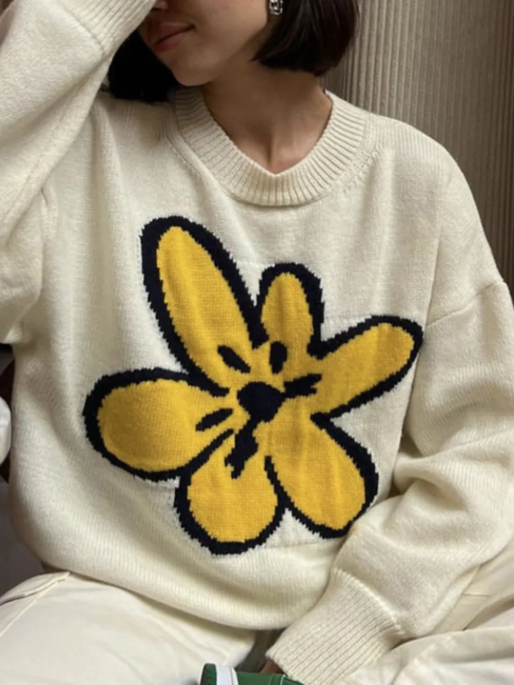 Flower Ribbed Hem Round Neck Sweater, image 13