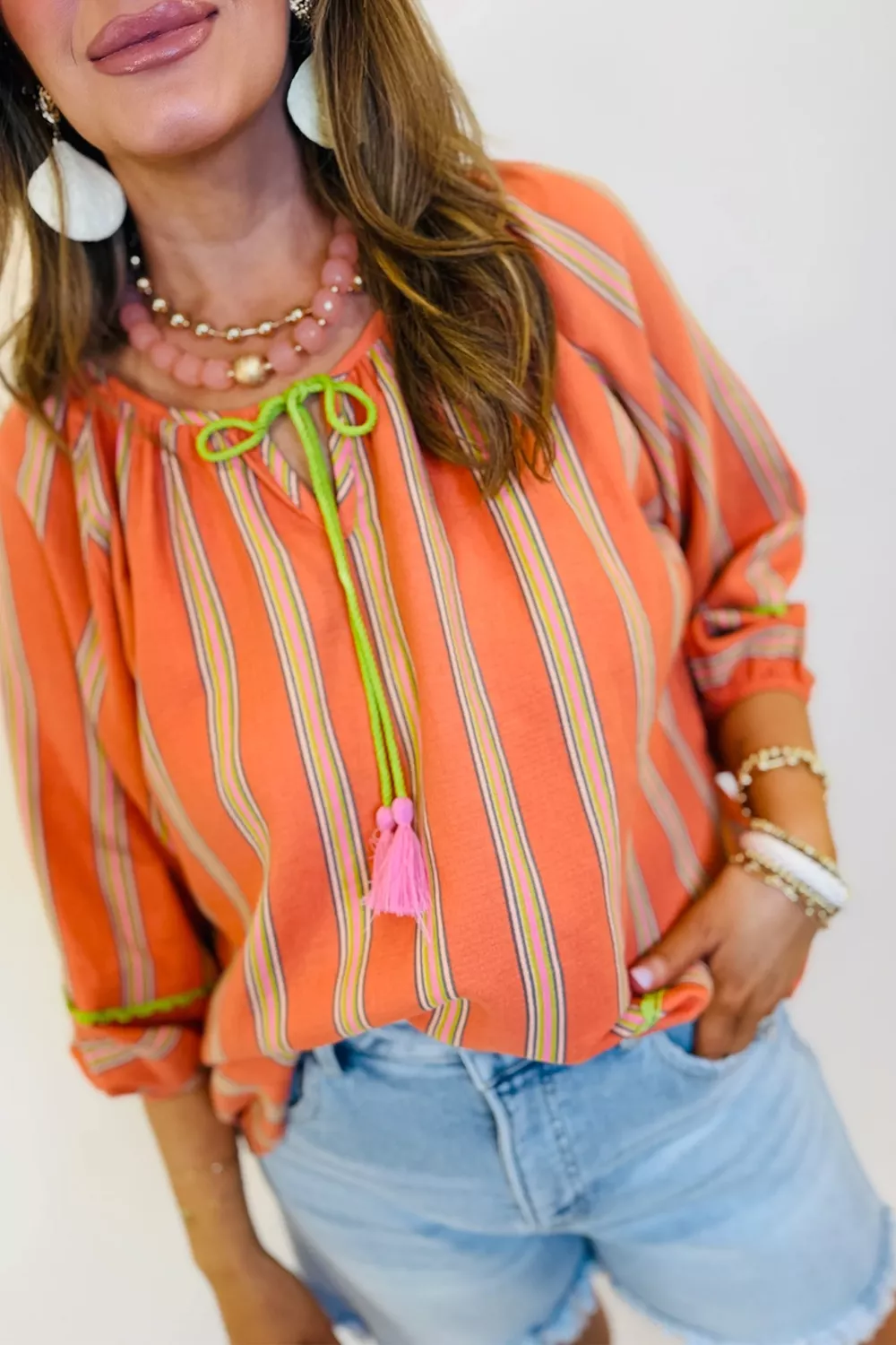 Stripe Tassel Tie Neck Bracelet Sleeve Cotton Blouse, image 4