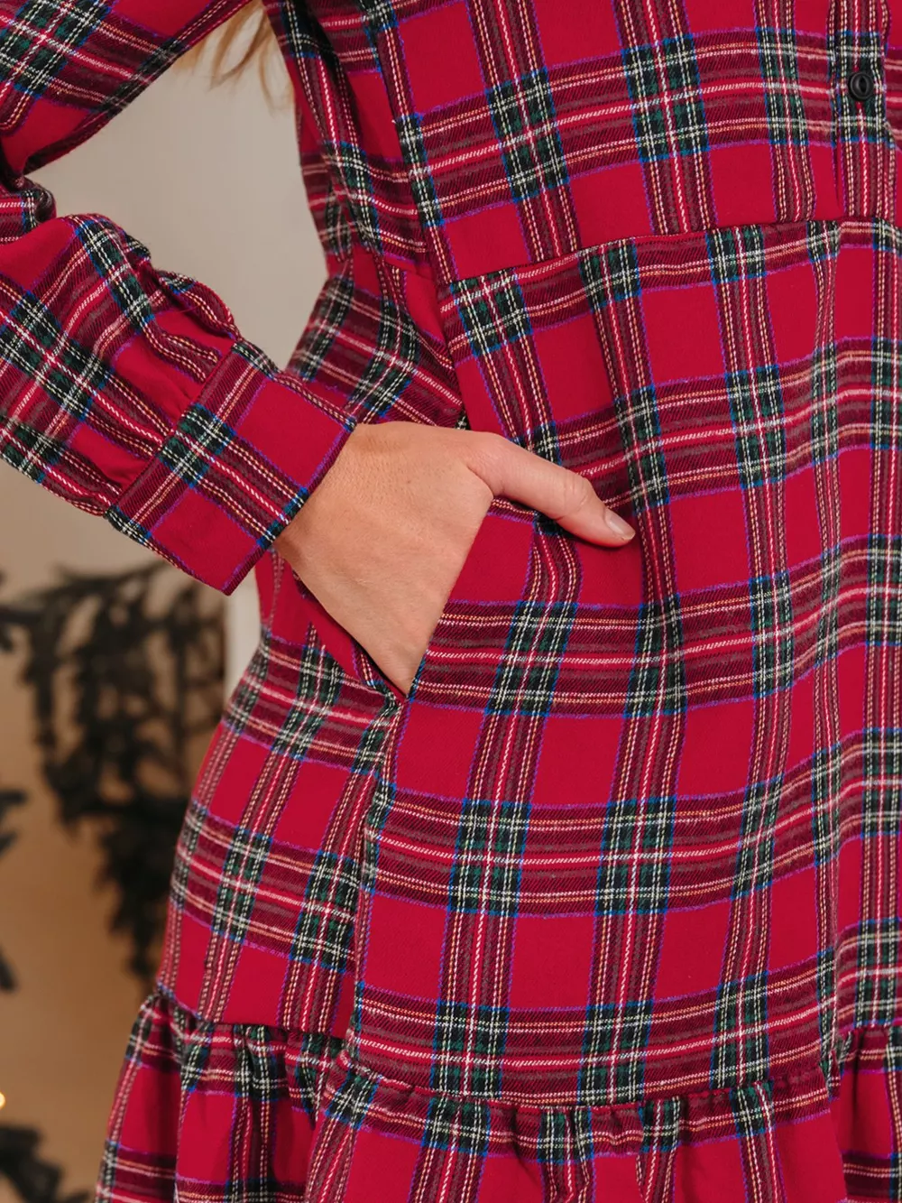 Plaid Shirt Collar Half Button Ruffle Hem Long Sleeve Mini Dress, image 4