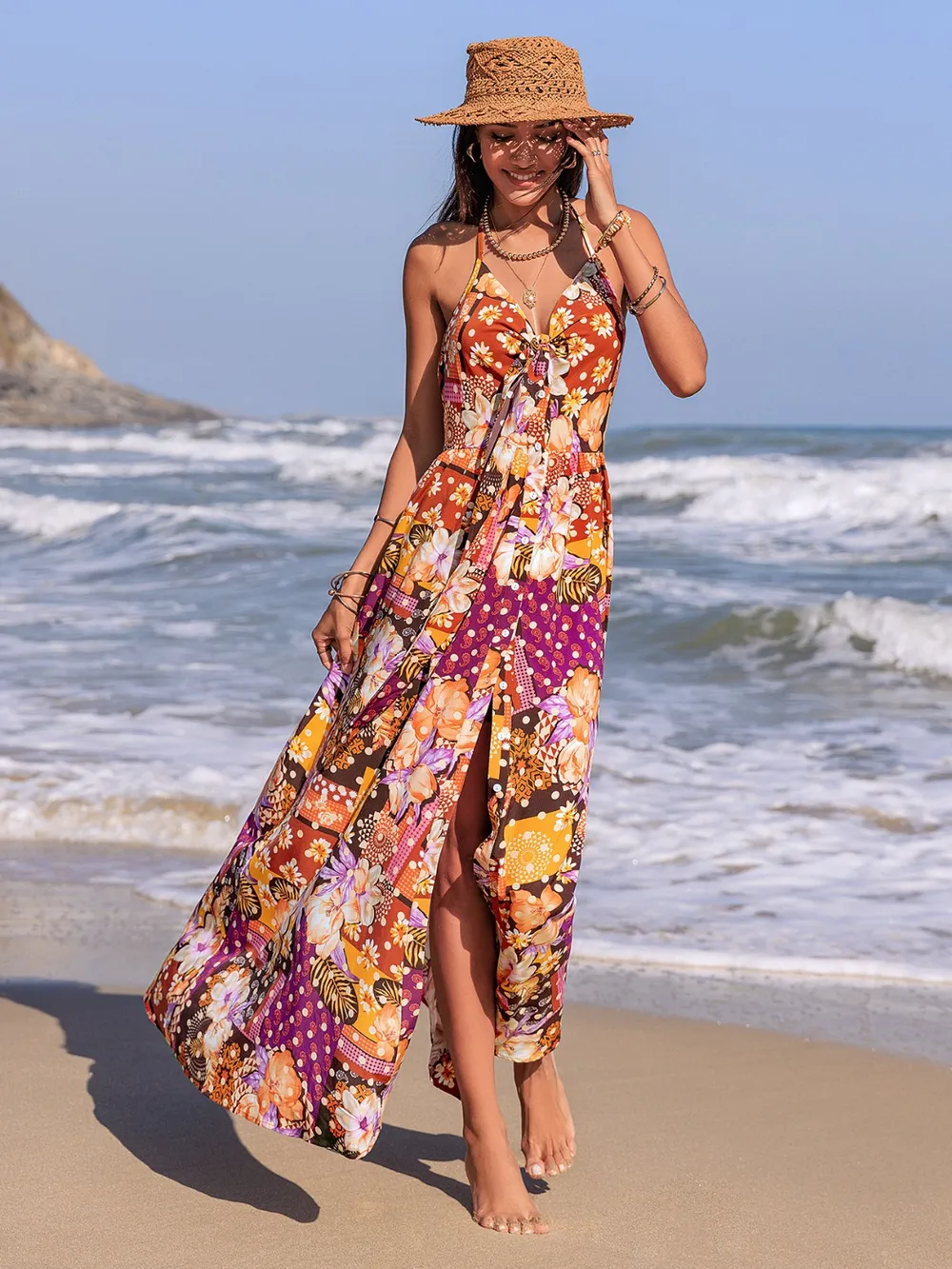 Slit Printed Halter Neck Cami Dress, image 2