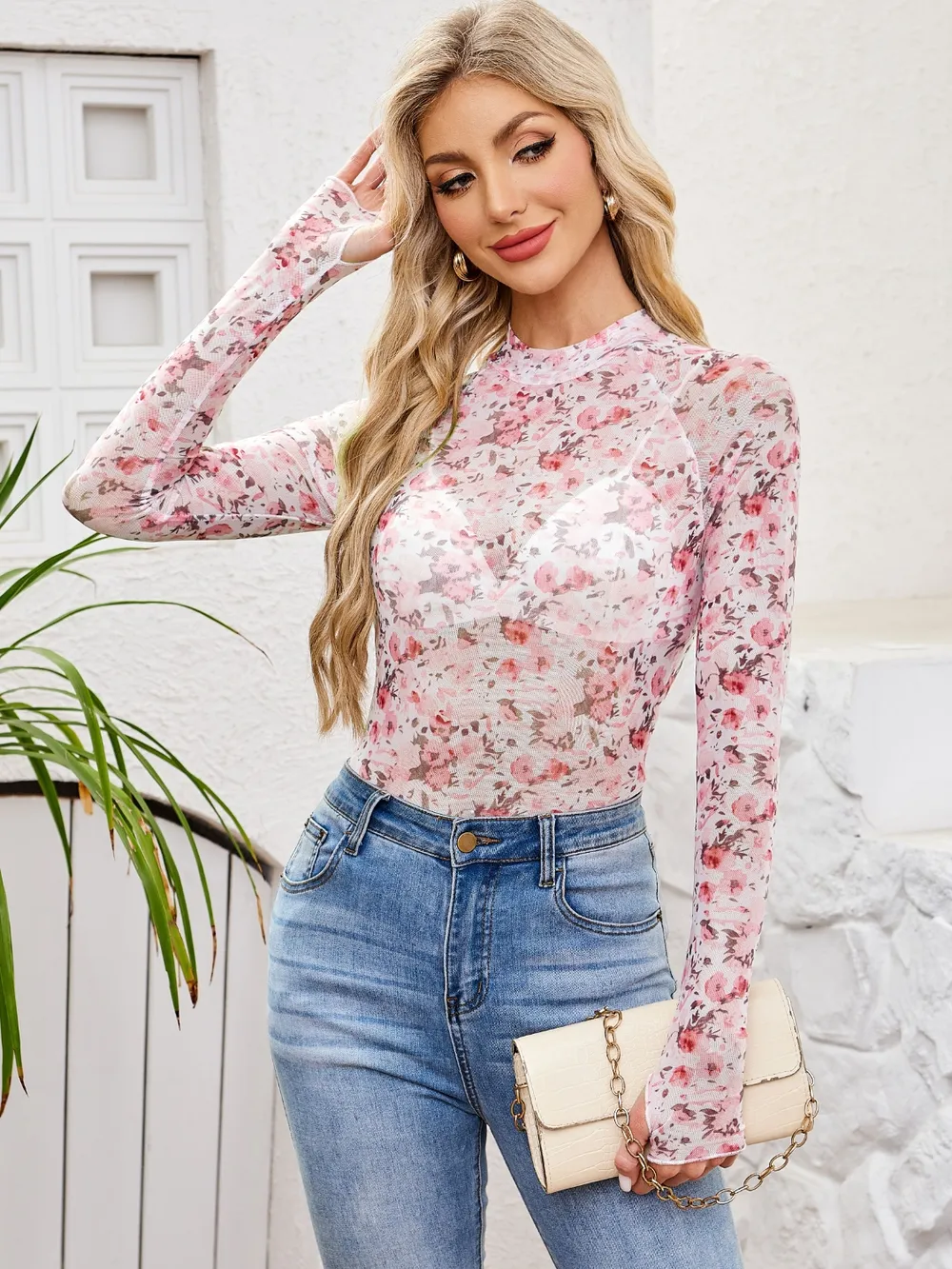 Floral Mock Neck Long Sleeve Top, image 7