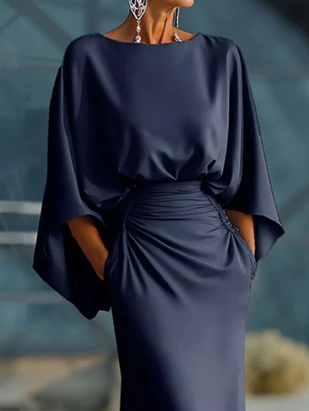 Batwing Sleeve Ruched Maxi Dress, image 9