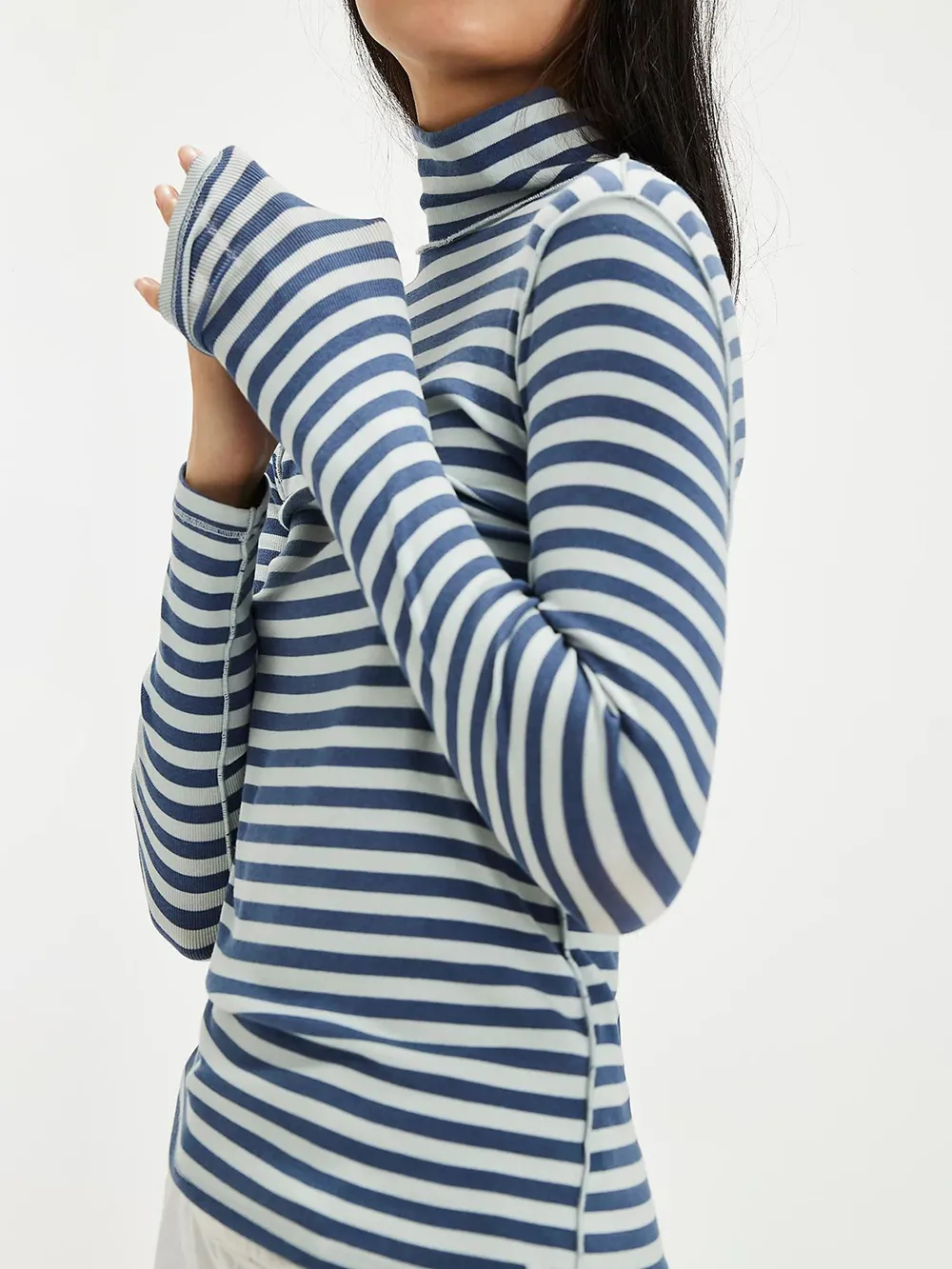 Exposed Seam Striped Turtleneck Long Sleeve T-Shirt, image 8