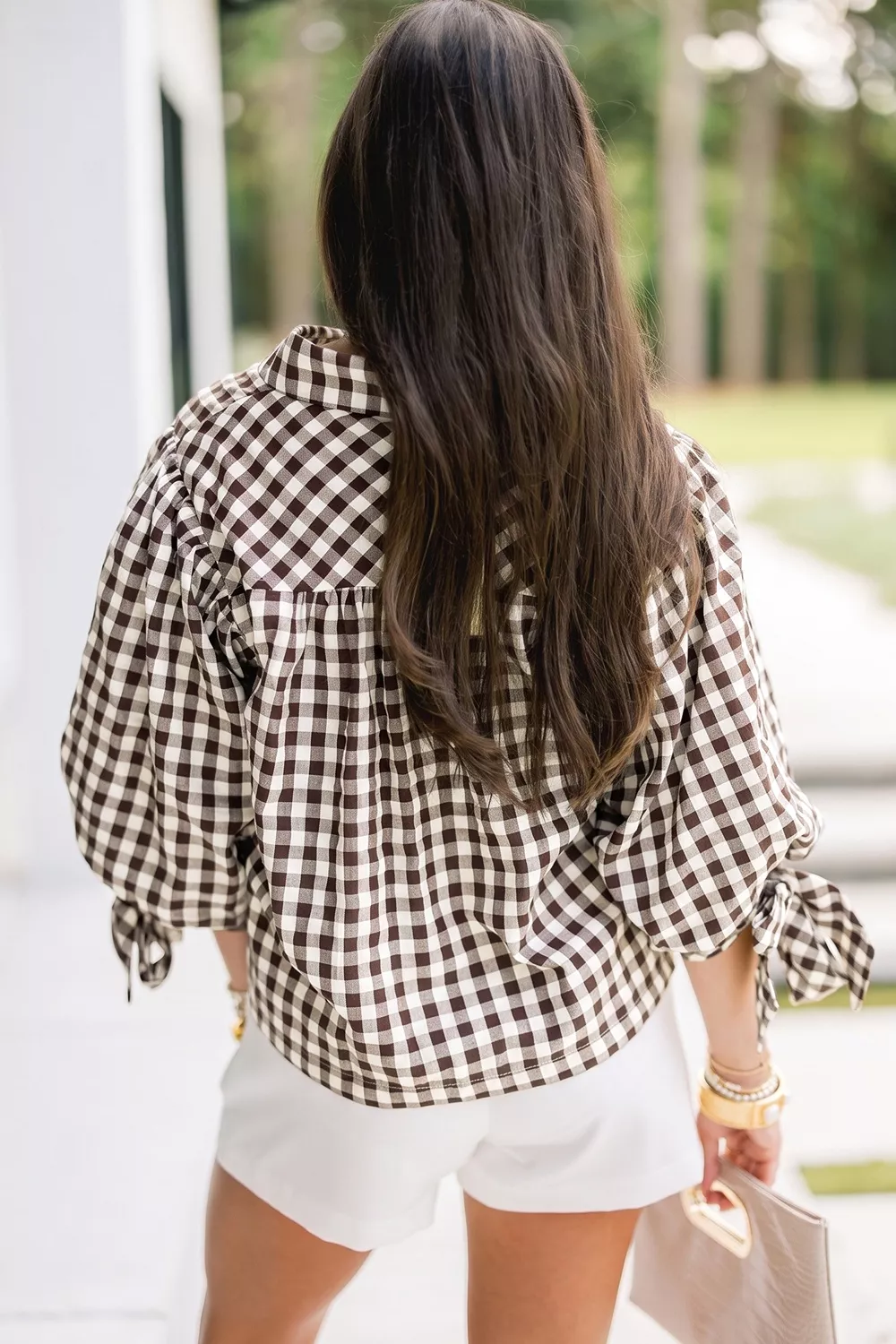 Gingham Scalloped Trim Tie Sleeve Shirt, image 2