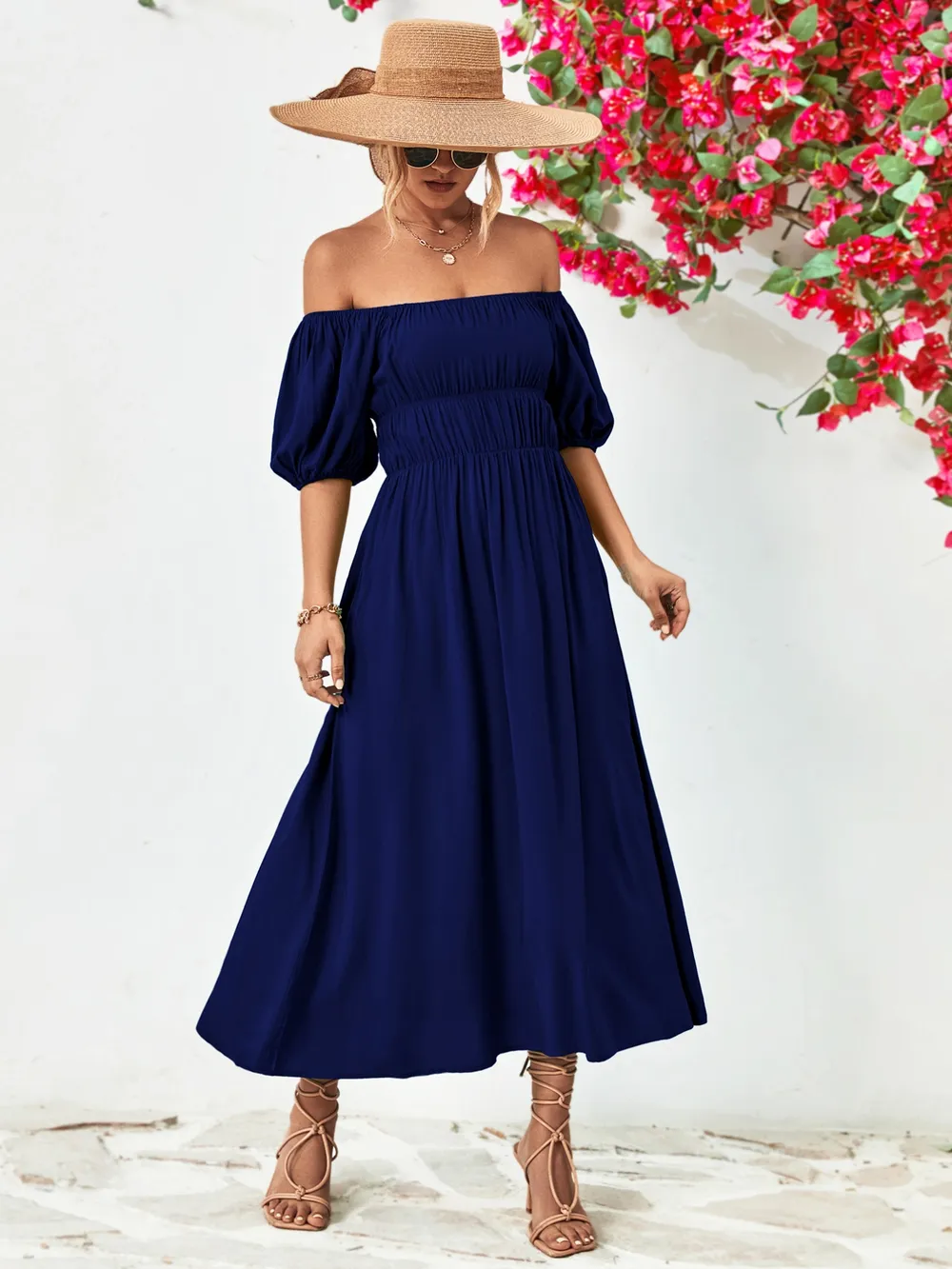 Off-Shoulder Puff Sleeve Smocked Maxi Dress, image 7