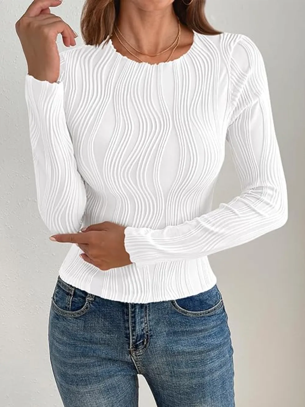 Textured Round Neck Long Sleeve Top, image 7